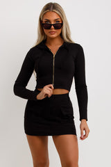 black crop hoodie bandeau top and mini cargo skirt three piece outfit festival clothes