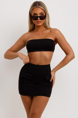 bandeau crop top mini cargo skirt and crop zip hoodie three piece set summer festival outfit