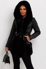 womens hooded faux leather faux fur panel jacket with belt