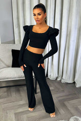 womens black christmas party outfit long sleeve crop top and trousers set
