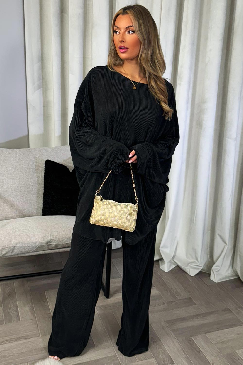 womens plisse pleated oversized shirt and trousers two piece set