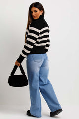 womens high neck striped knitted jumper with buttons