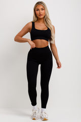 black ribbed high waist leggings and crop top co ord set