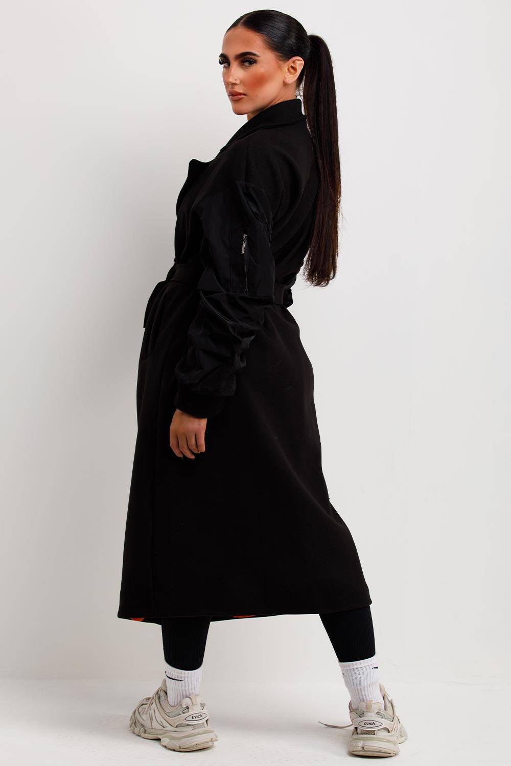 womens ruched sleeves long wool wrap coat