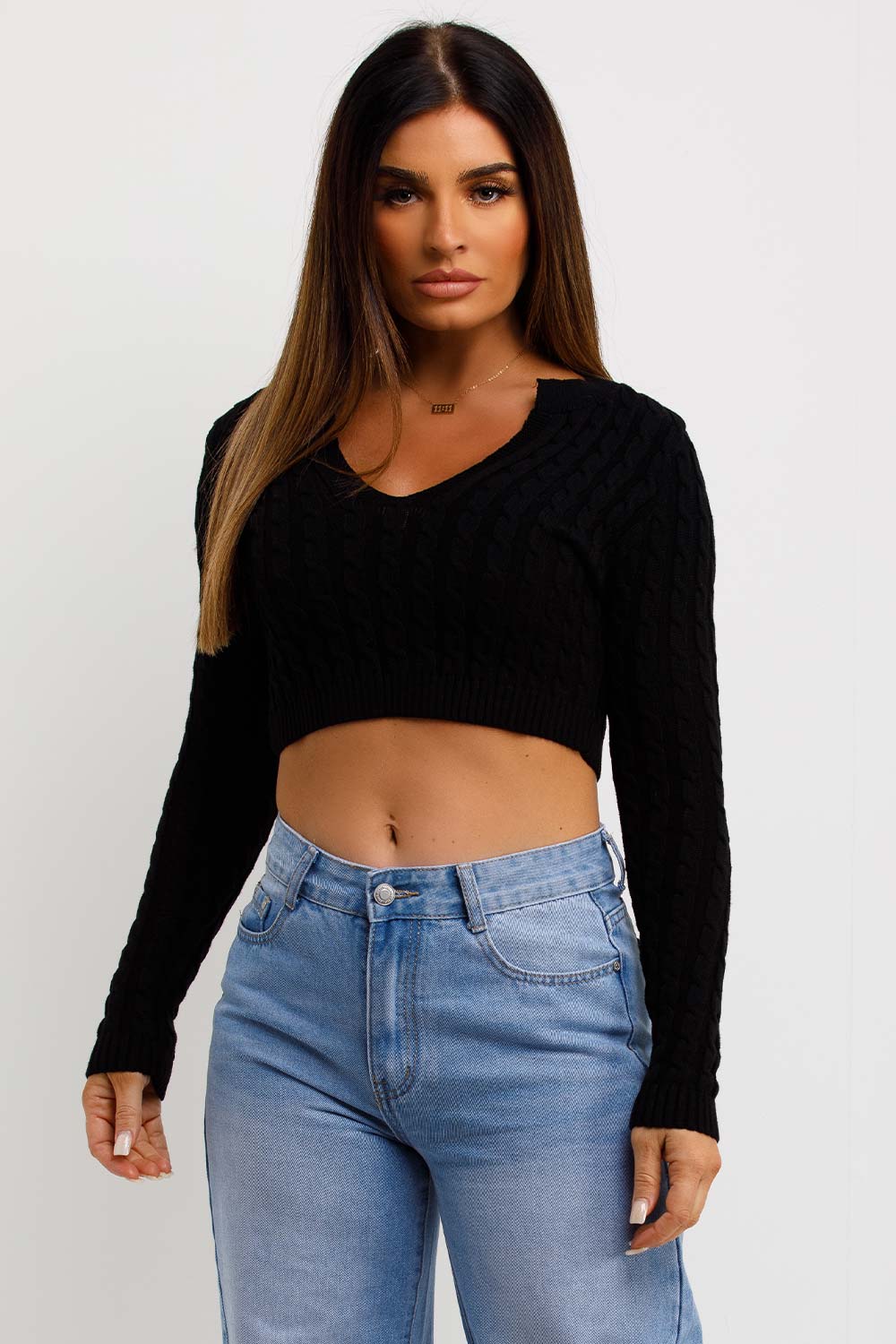 womens cable knit crop knitted jumper black