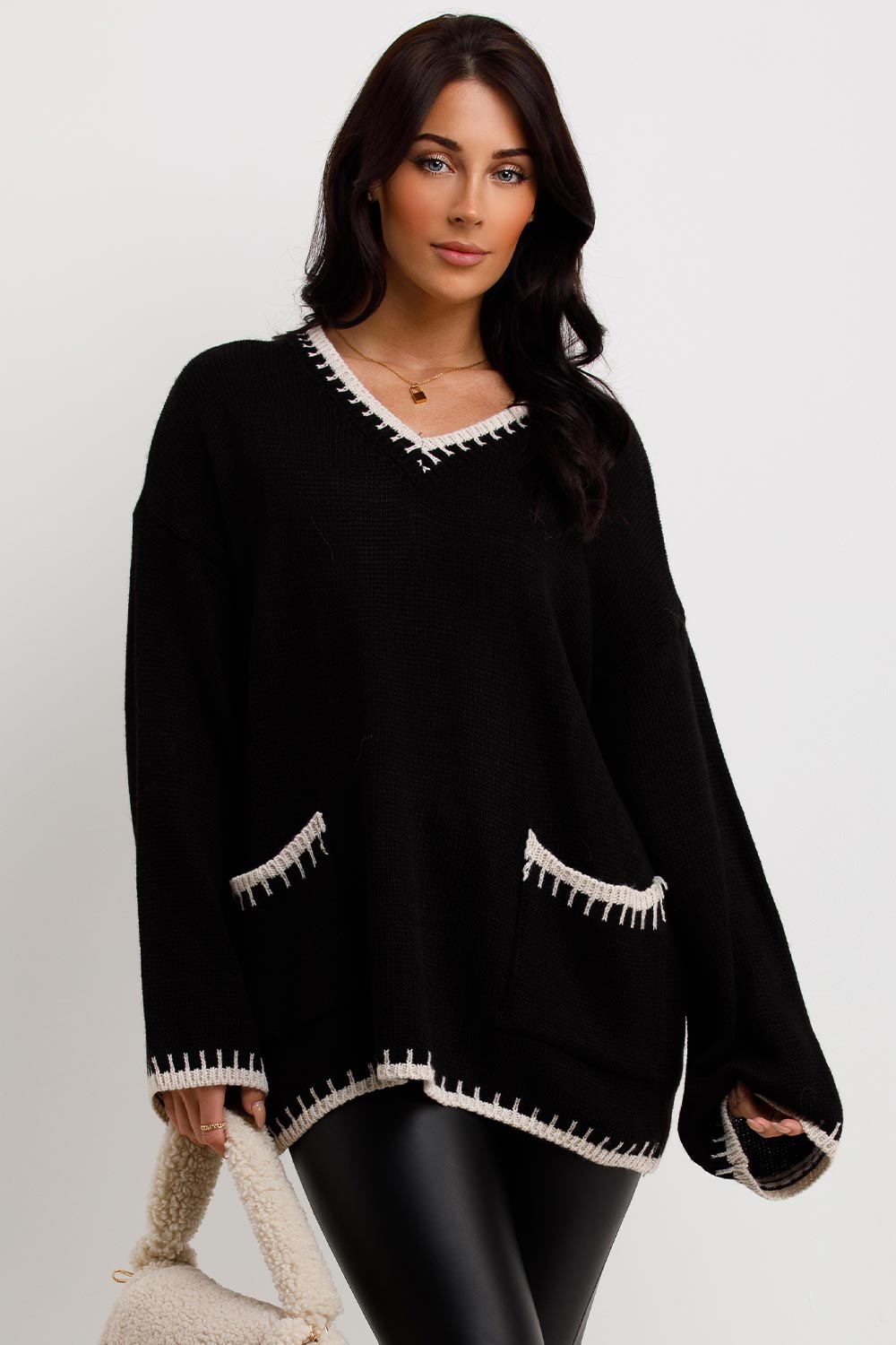 womens contrast stitches knitted oversized jumper