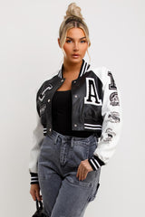 LA faux leather varsity bomber crop jacket womens