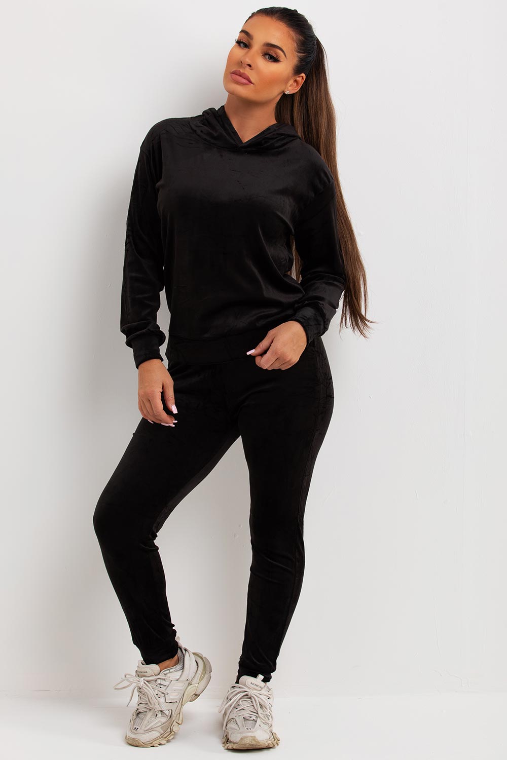 Women's Black Velour Tracksuit Hooded Loungewear Co Ord – Styledup