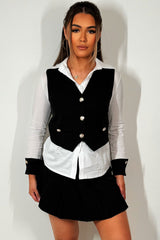 womens waistcoat shirt and pleated skort three piece outfit set black and white