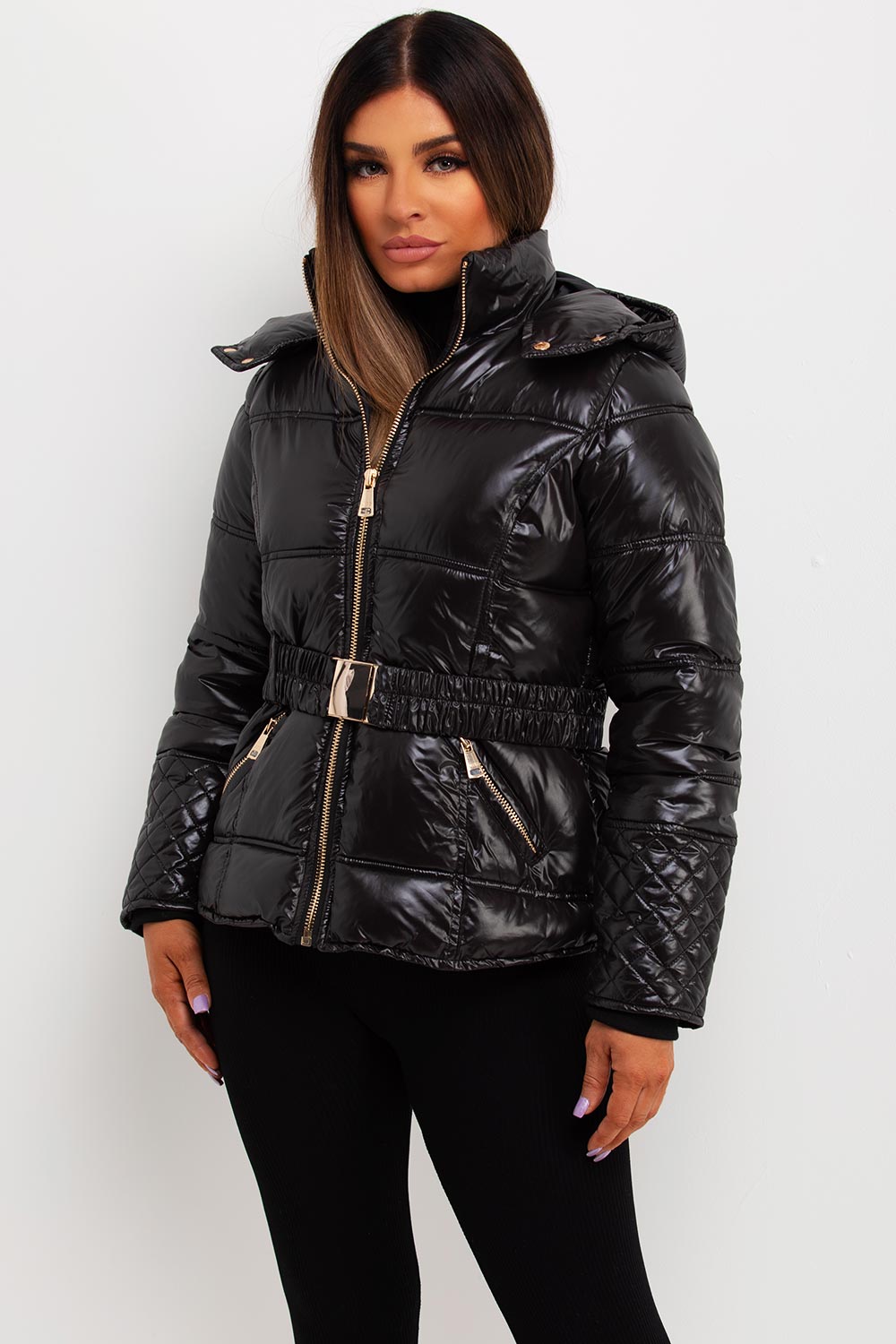 Women's Black Shiny Puffer Jacket With Hood And Belt Outerwear ...