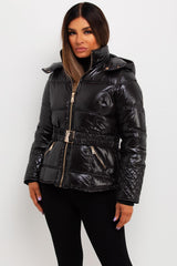 womens black shiny puffer jacket with belt 