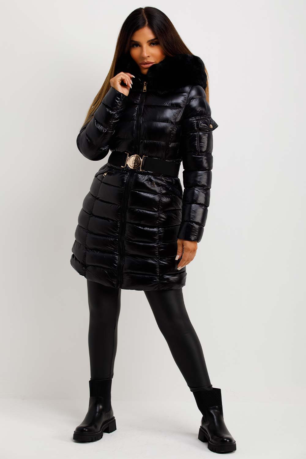 Women's Black Shiny Puffer Coat With Fur Hood And Belt Outerwear ...