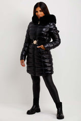 Black Shiny Puffer Coat With Fur Hood