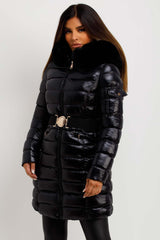 Black Shiny Puffer Coat With Fur Hood