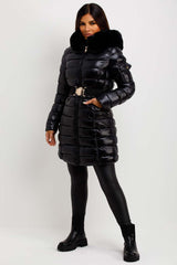 Black Shiny Puffer Coat With Fur Hood