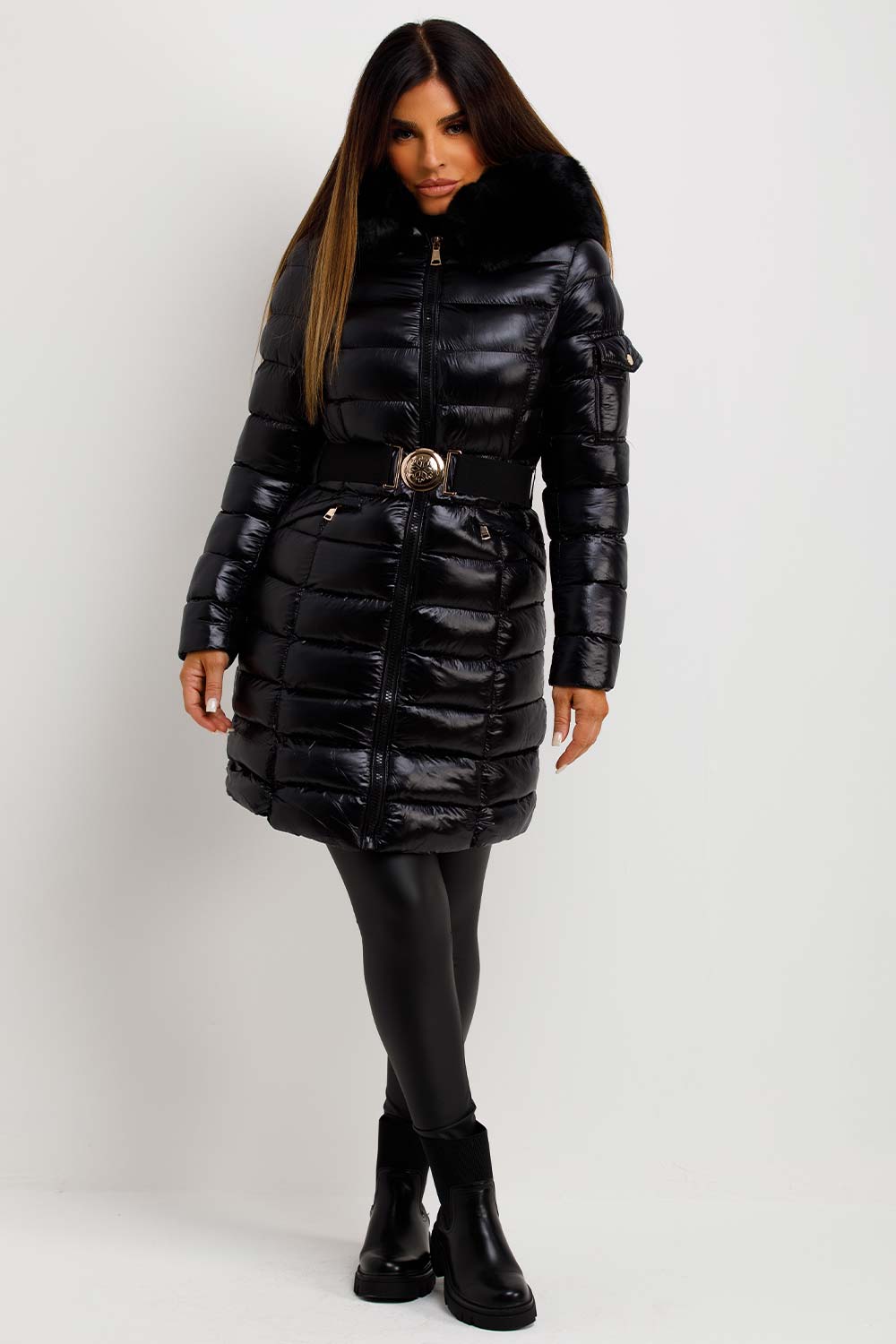 Women's Black Shiny Puffer Coat With Fur Hood And Belt Outerwear ...