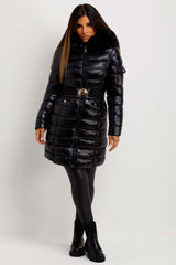 Black Shiny Puffer Coat With Fur Hood