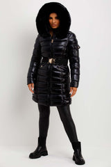 Black Shiny Puffer Coat With Fur Hood