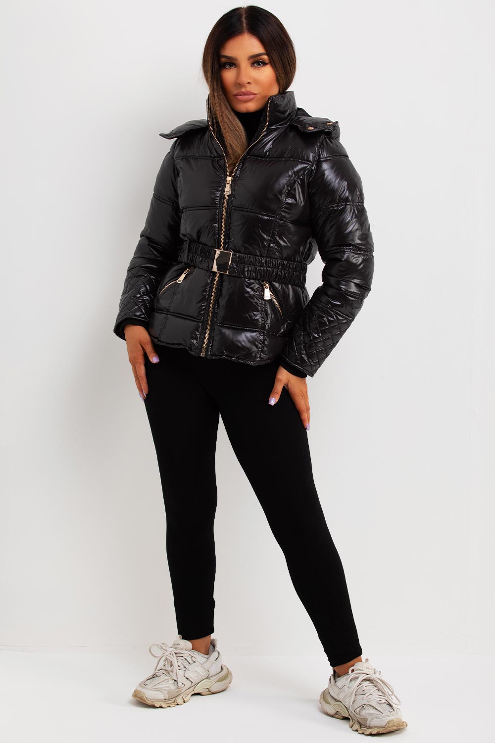 Women's Black Shiny Puffer Jacket With Hood And Belt Outerwear ...