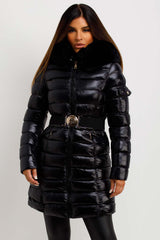 Black Shiny Puffer Coat With Fur Hood