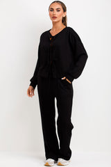 tie front long sleeve loungewear set womens matching outfit