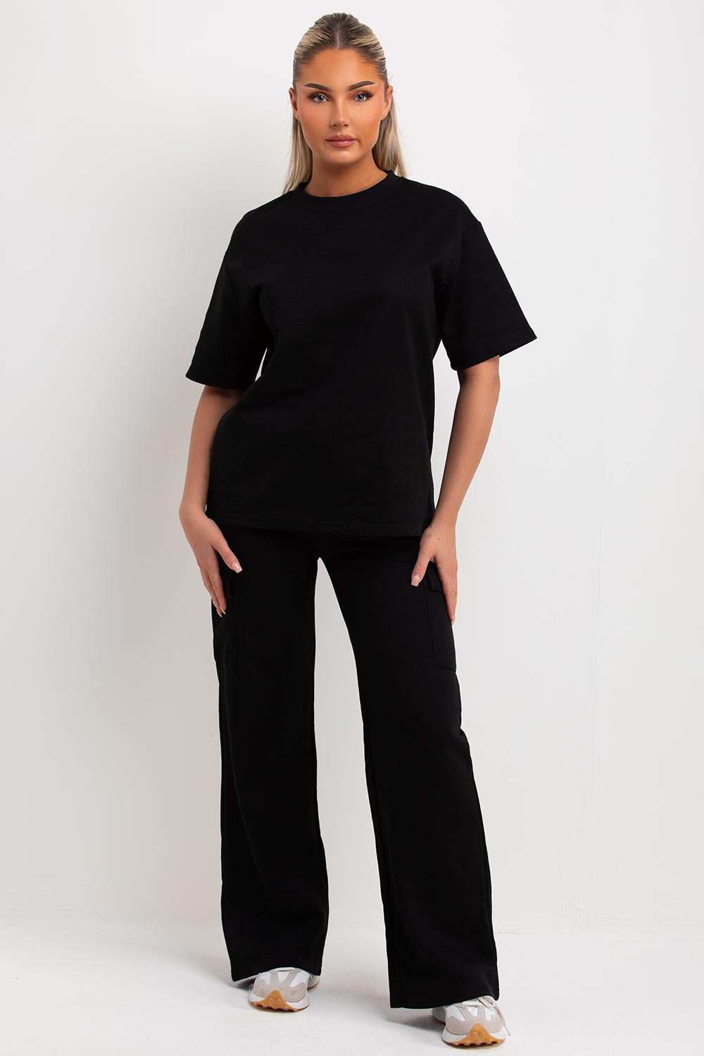 womens black t shirt and wide leg cargo trousers lounge set