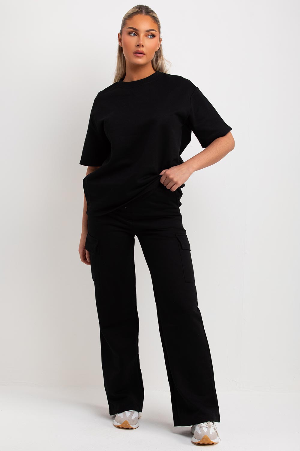 womens black wide leg cargo trousers and t shirt co ord set loungewear