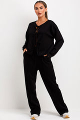 long sleeve tie front sweatshirt and trousers loungewear co ord set styledup