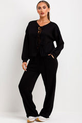 long sleeve tie front top and trousers lounge set for womens