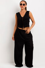 womens tie front waist coat and wide leg trousers two piece loungewear co ord set black