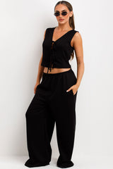 zara tie front waistcoat and wide leg trousers two piece co ord set black for womens