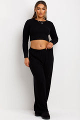 black loungewear set with wide leg trousers and long sleeve ribbed top co ord set zara womens