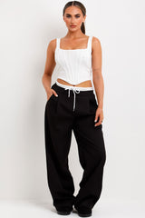 womens wide leg trousers with drawstring waist and boxer detail trim