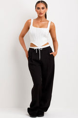 womens wide leg trousers with drawstring waist and boxer detail