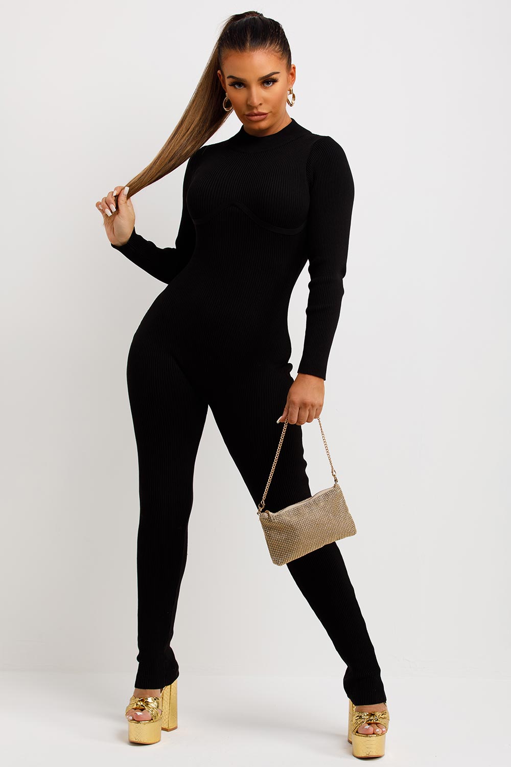 Women's Rib Jumpsuit Long Sleeves Structured Contour Unitard Black –
