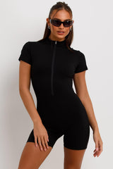 black short sleeve zip front playsuit unitard summer festival outfit