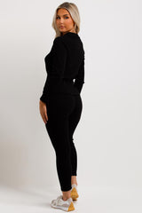 womens black ribbed loungewear set