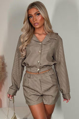 womens gold button long sleeve checked top and shorts two piece co ord set styledup uk
