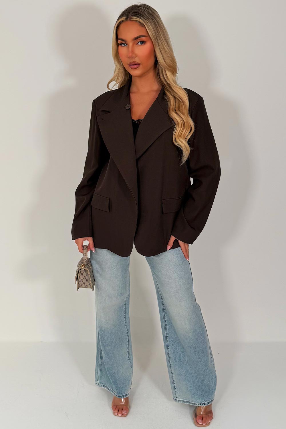 zara womens asymmetric tailored jacket cross over blazer brown styledup uk