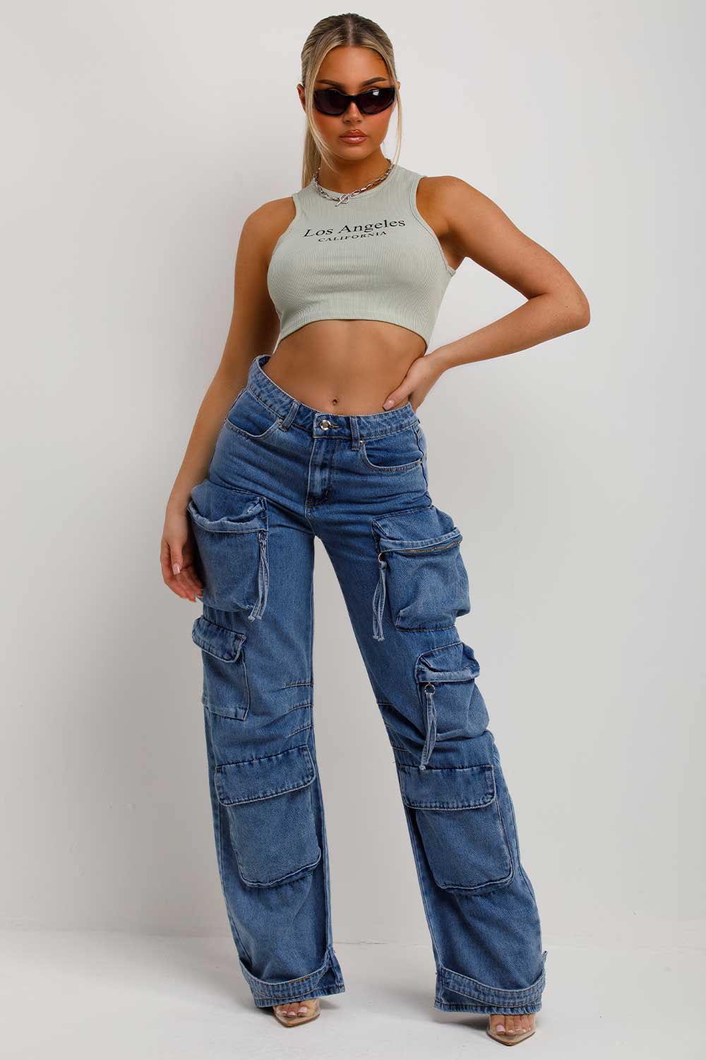 womens wide leg denim cargo pocket jeans festival clothes