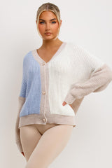 womens button front knitted cardigan two tone