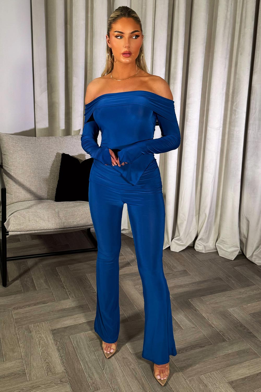 fold detail skinny flare trousers and off shoulder long sleeve top co ord set royal blue going out outfit