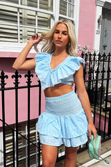 broderie anglaise ruffle rara mini skirt and frilly crop top co ord
