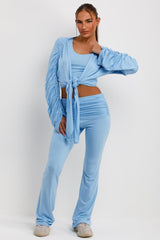 womens ruched sleeve cardigan crop top and fold detail flared trousers co ord set 