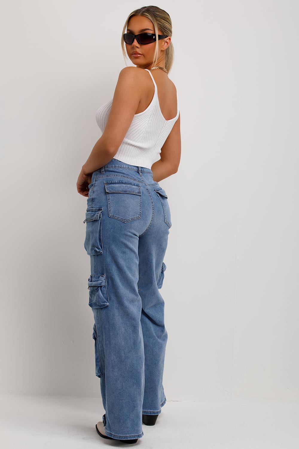 cargo pocket jeans with wide legs womens