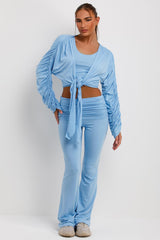 fold detail flared trousers crop top and gathered sleeve cardigan three piece set womens loungewear set
