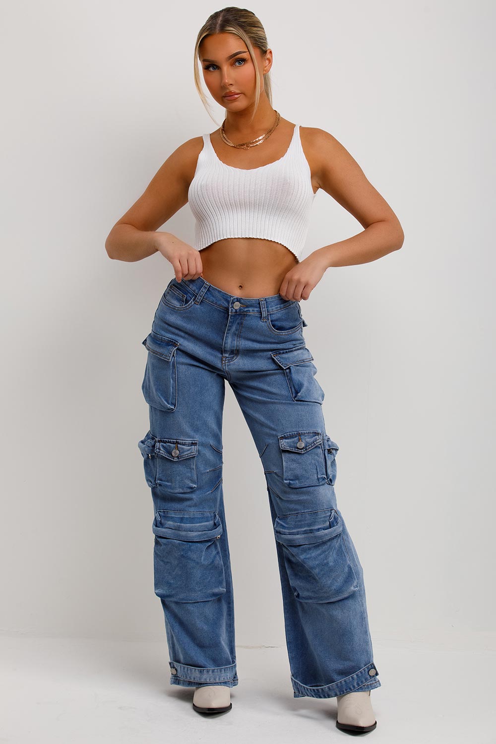 womens cargo pocket wide leg denim jeans festival clothes