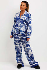 dior print satin shirt and trousers co ord set