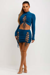 womens mini bodycon skirt and crop top with cut out lace up front festival rave going out outfit