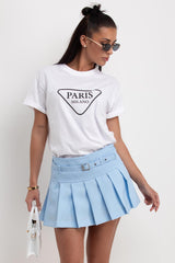 sky blue mini pleated skirt with belt
